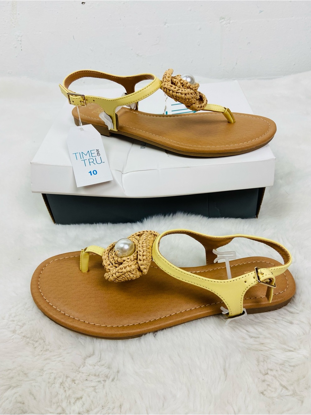 NWT Time and Tru Yellow Braided floral Pearl T-Strap Sandals size 10